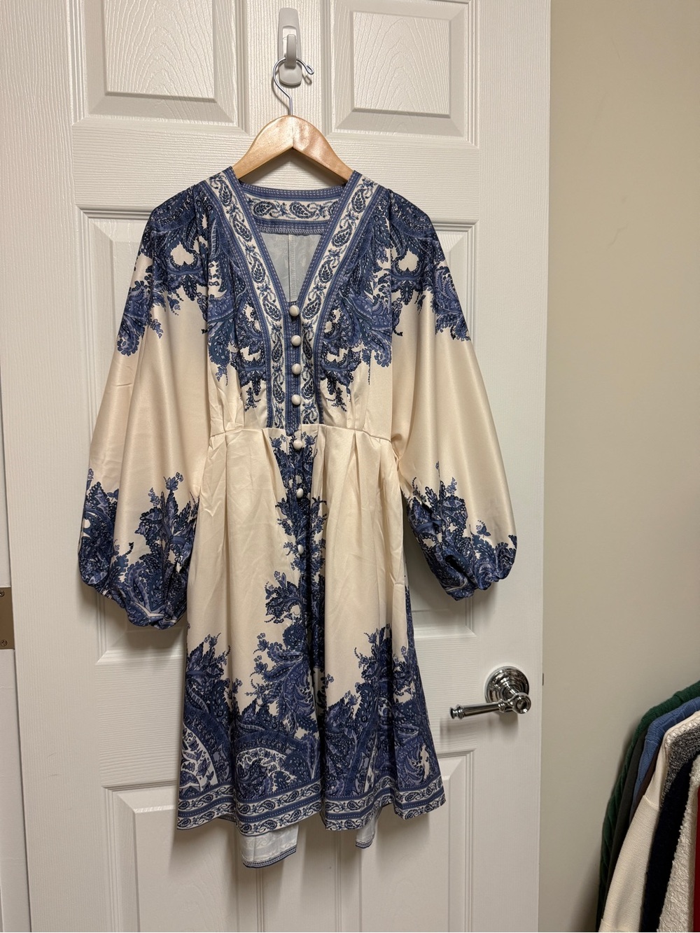 Cream & Navy Floral Print Dress with Button Front